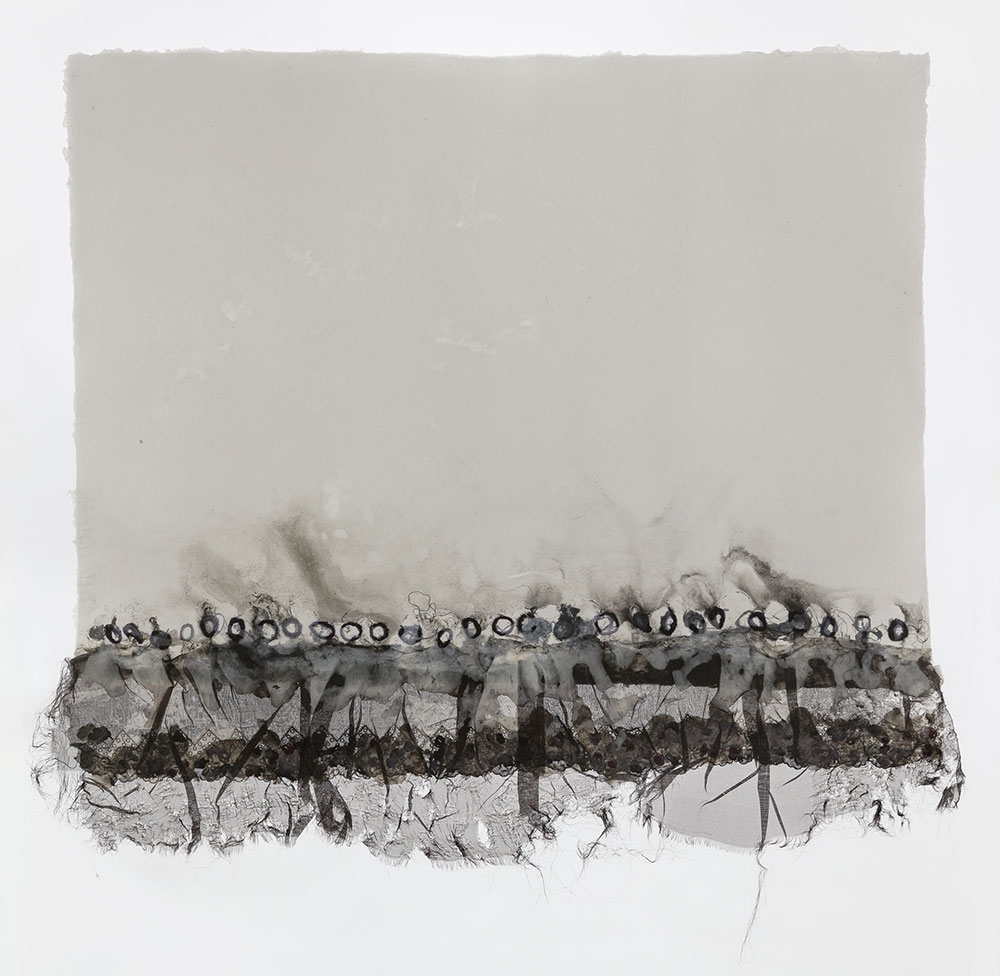 Ursula von Rydingsvard, Untitled, fabric, thread, yarn and pigment on linen handmade paper, 2017, 29.5 x 28.5 inches. Artwork © Ursula von Rydingsvard.  Photo by Etienne Frossard, courtesy of Ursula von Rydingsvard Studio, 2017.