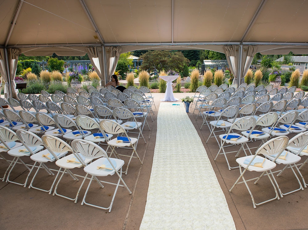 Chairs set up for a wedding at the west terrace