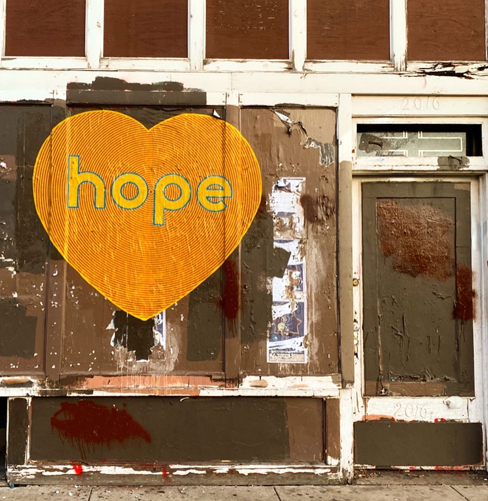 Koko Bayer, Hope (installation on Larimer and 20th Street, Denver), paper and wheat paste, 2020