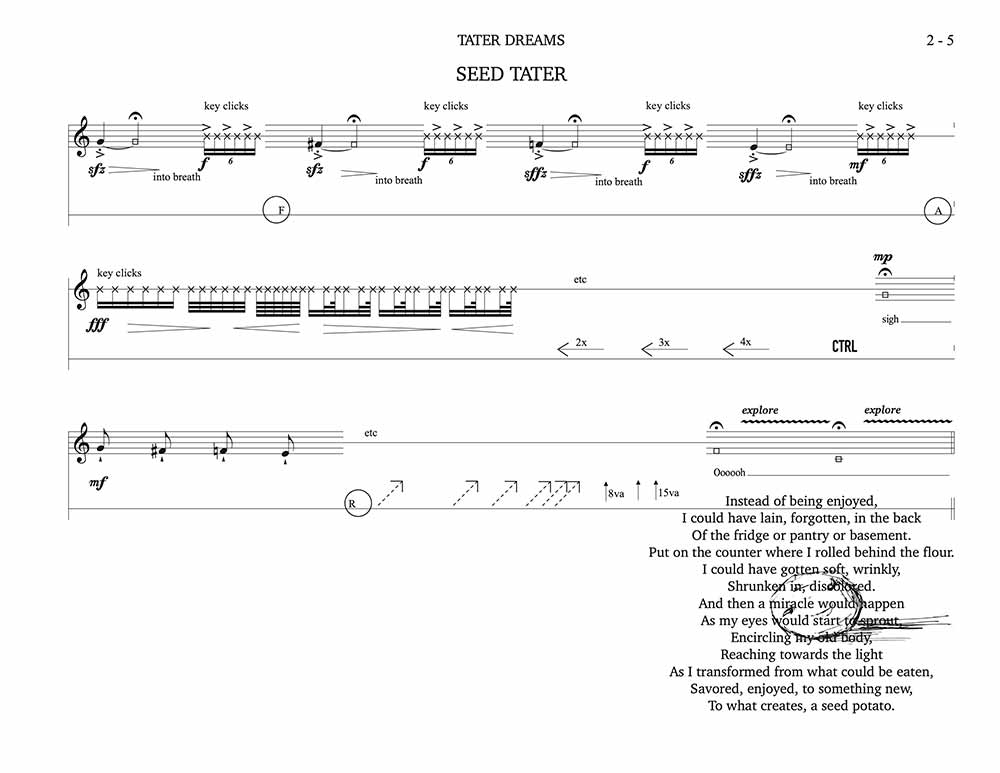 Jessi Harvey, score sheet for “TATER DREAMS”, composition for B♭ clarinet and looping pedal, written for Olivia Valenza, 2021.
