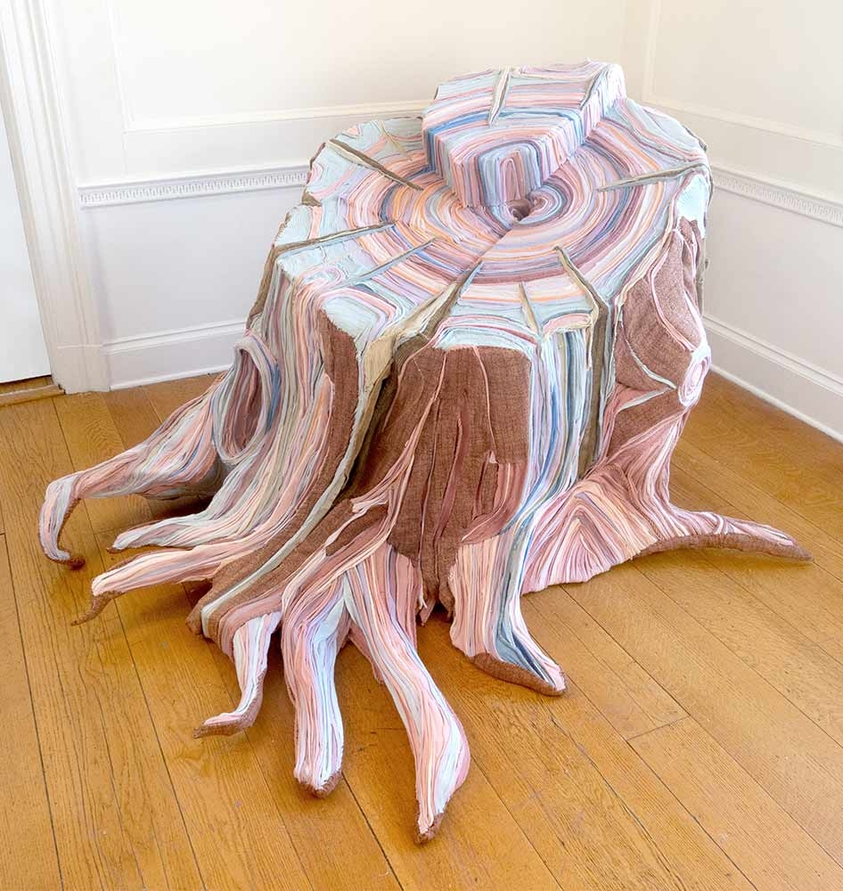 Tamara Kostianovsky, “Redwood,” clothing belonging to the artist’s father, textiles and wood, 2018. Photo: Roni Mocan.