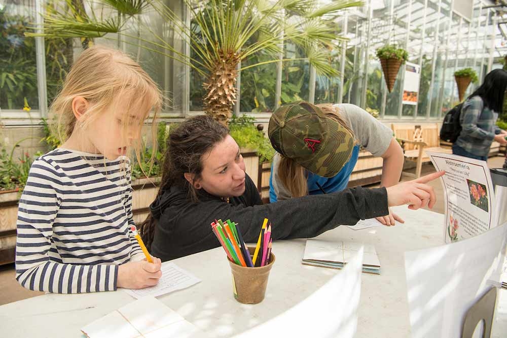 Two children and an adult in the Orangery looking at a card with information.