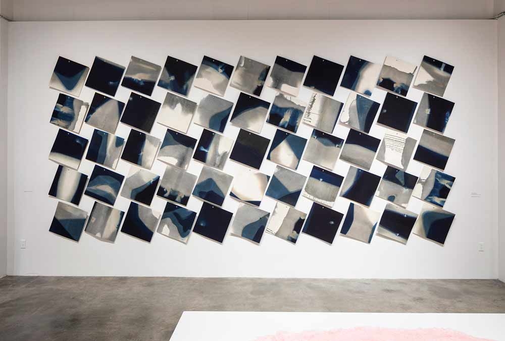 Rowland Rickets, “Drawings,” indigo-dyed wool felt, 2016-2019. Installation at the Museum of Craft and Design. Photo: Henrik Kam.