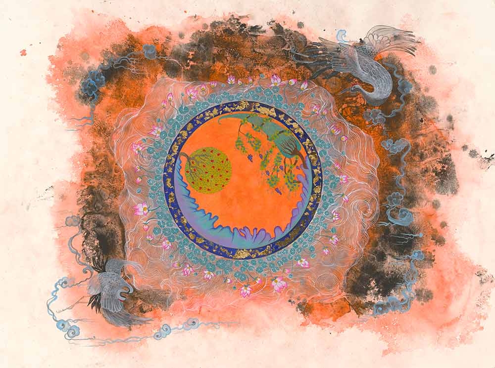 Aisha Imdad, “The Gilded Gardens of Fidelity: Bagh-i-Wafa Series III,” watercolor, gouache and gold leaf, 2022. 