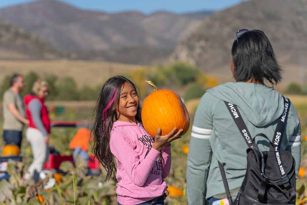 Child holding a pumpkin at Pumpkin Festival