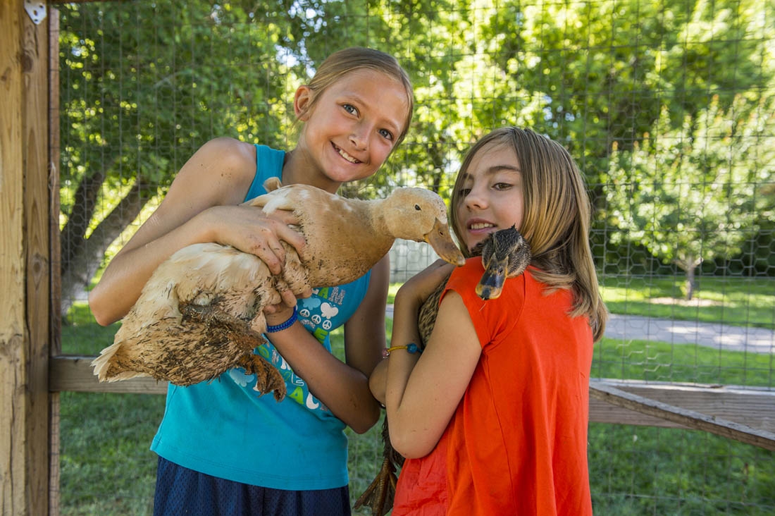 two girls and duck at farm camp