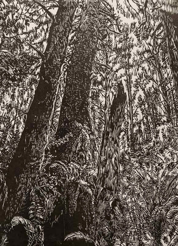 Raymundo Muñoz, "Remain," linocut print, 2023.