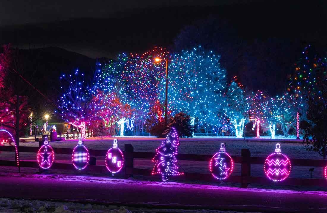 Ornament sculptures lit up with bright lights
