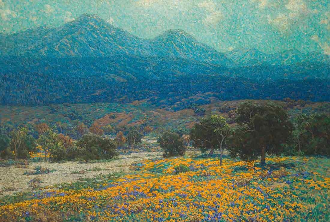 Orange poppy flowers in the foreground with trees behind them; mountains are in the distance. 