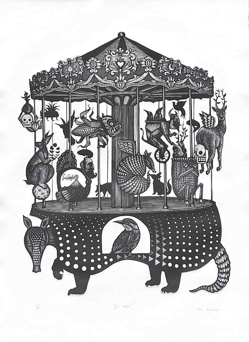 Black and white drawing of a carousel that includes people, animal and skeleton spirit guides