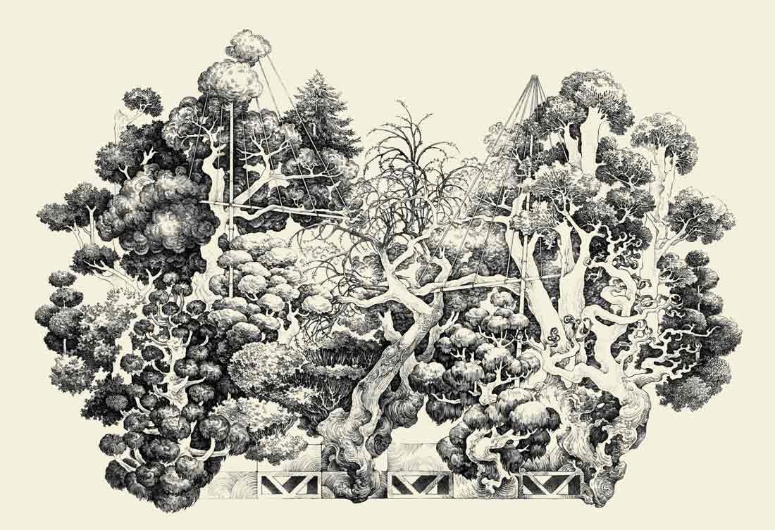 Song Kang, "Trees of Fujiyoshida," ink, 2024.