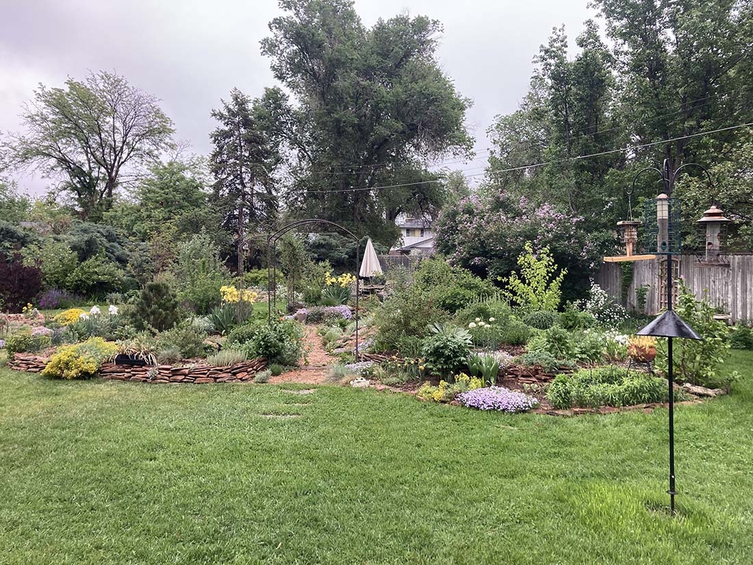 a swath of yard with a garden tucked at the back