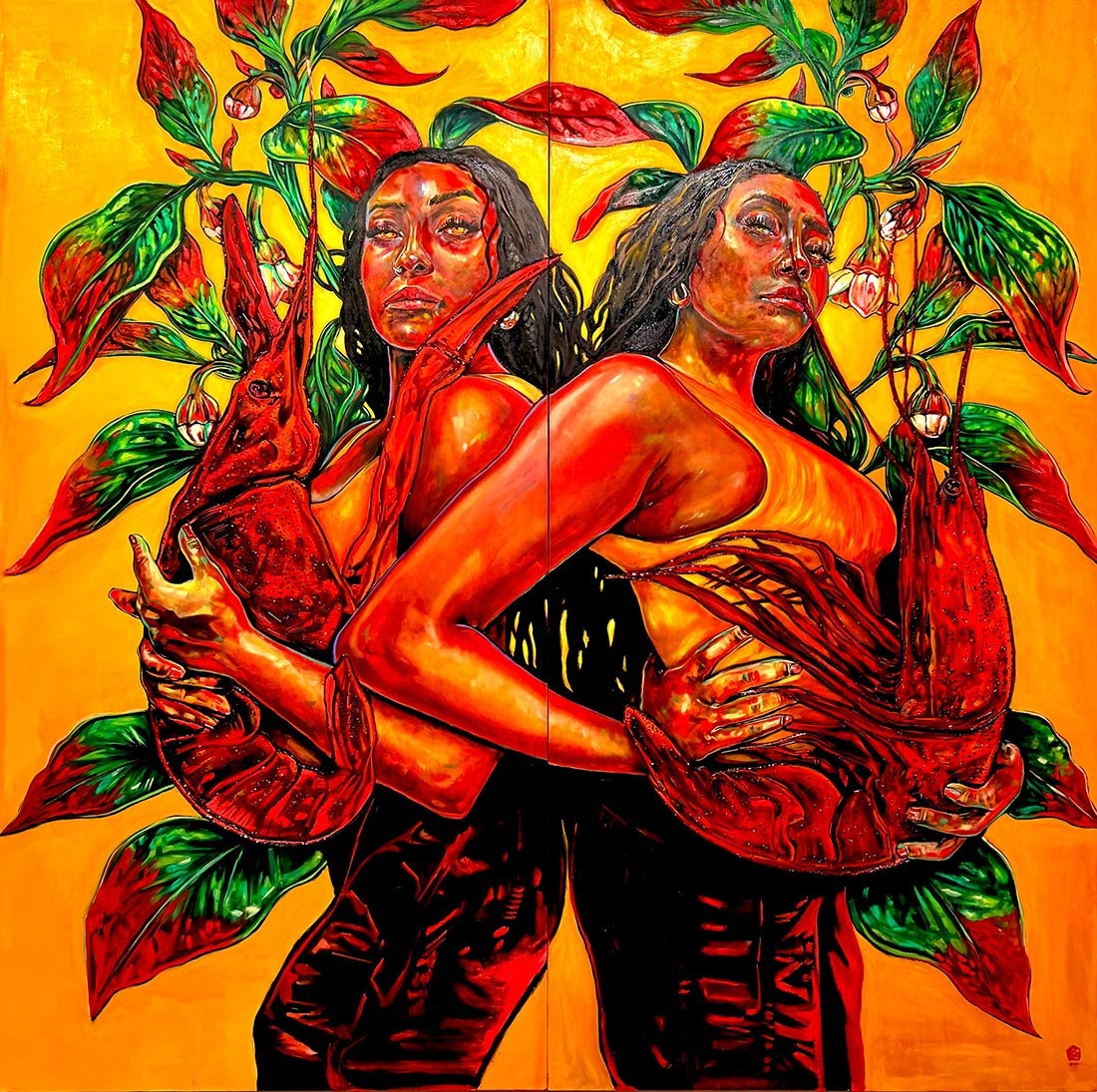 Two women holding large crustaceans. 