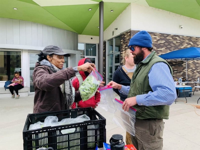 Woman giving greens to vet