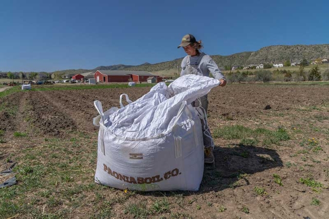 person with bag of soil in field