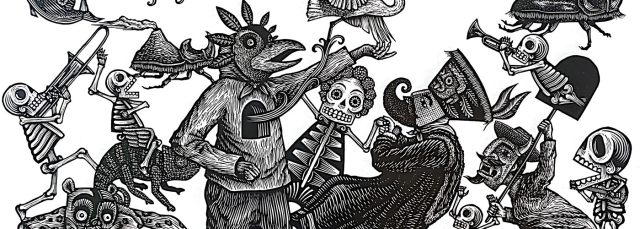 A black and white linocut print depicting skeletons and masked figures dancing in a parade.