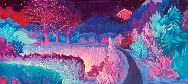 Illustration of Blossoms of Light with colorful holiday lights on either side of a path at night.
