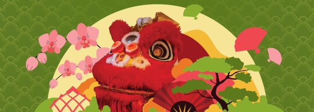 Colorful illustration includes a lion from a lion dance, cherry blossoms, outline of a tree with a black trunk and the tropical conservatory